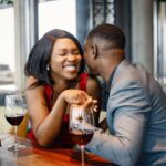 romantic black couple sitting restaurant wearing elegant clothes 1157 51941